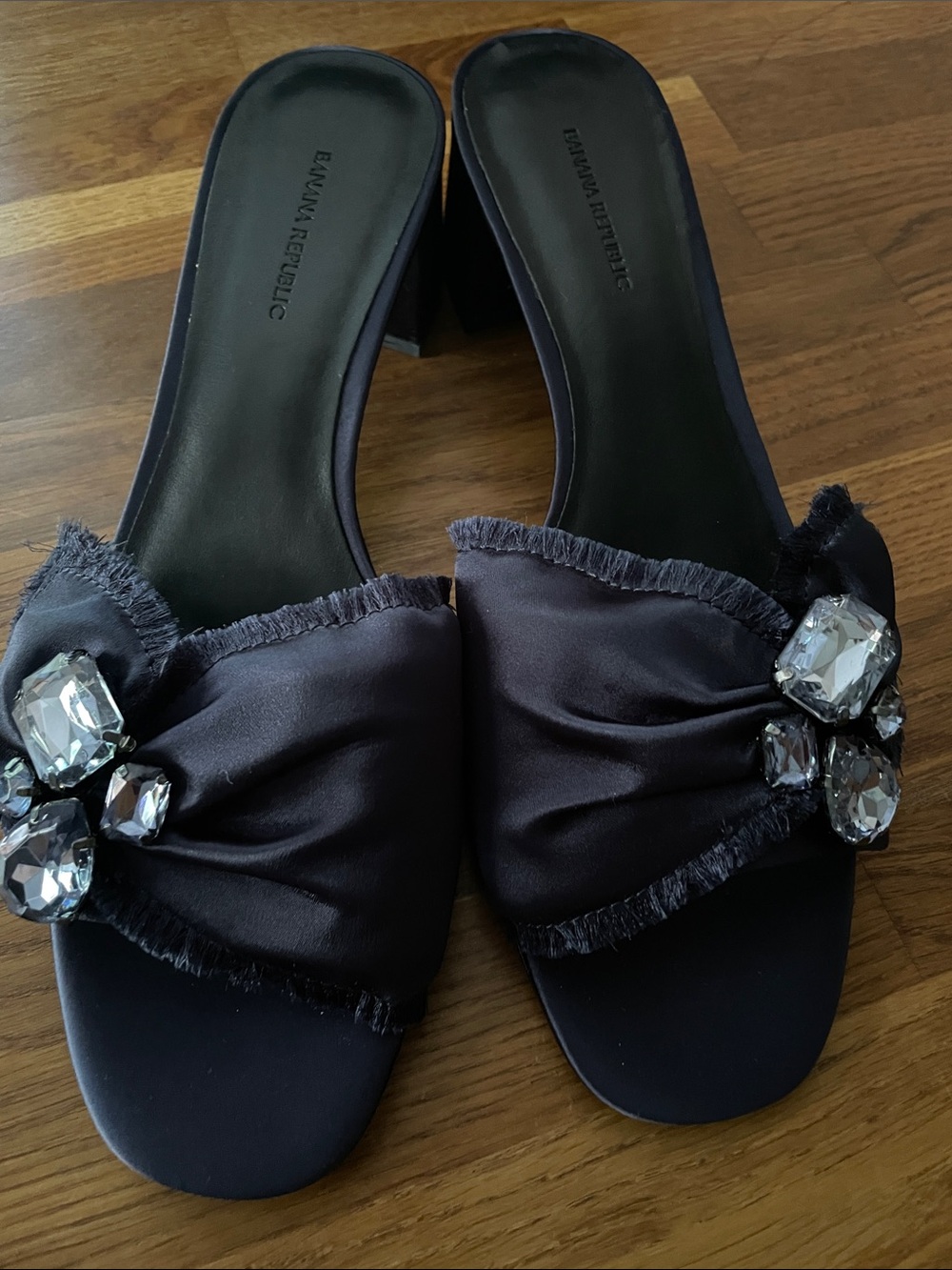Banana Republic Navy Satin Slide Mules with Crystal Accents